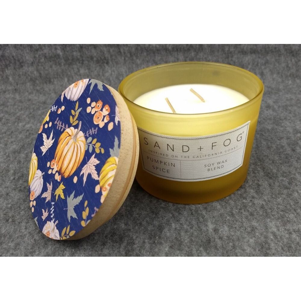 SAND +‎ FOG Pumpkin Spice Candle Soy Wax Blend Cotton Dbl Wicks Wood Art Lid NEW